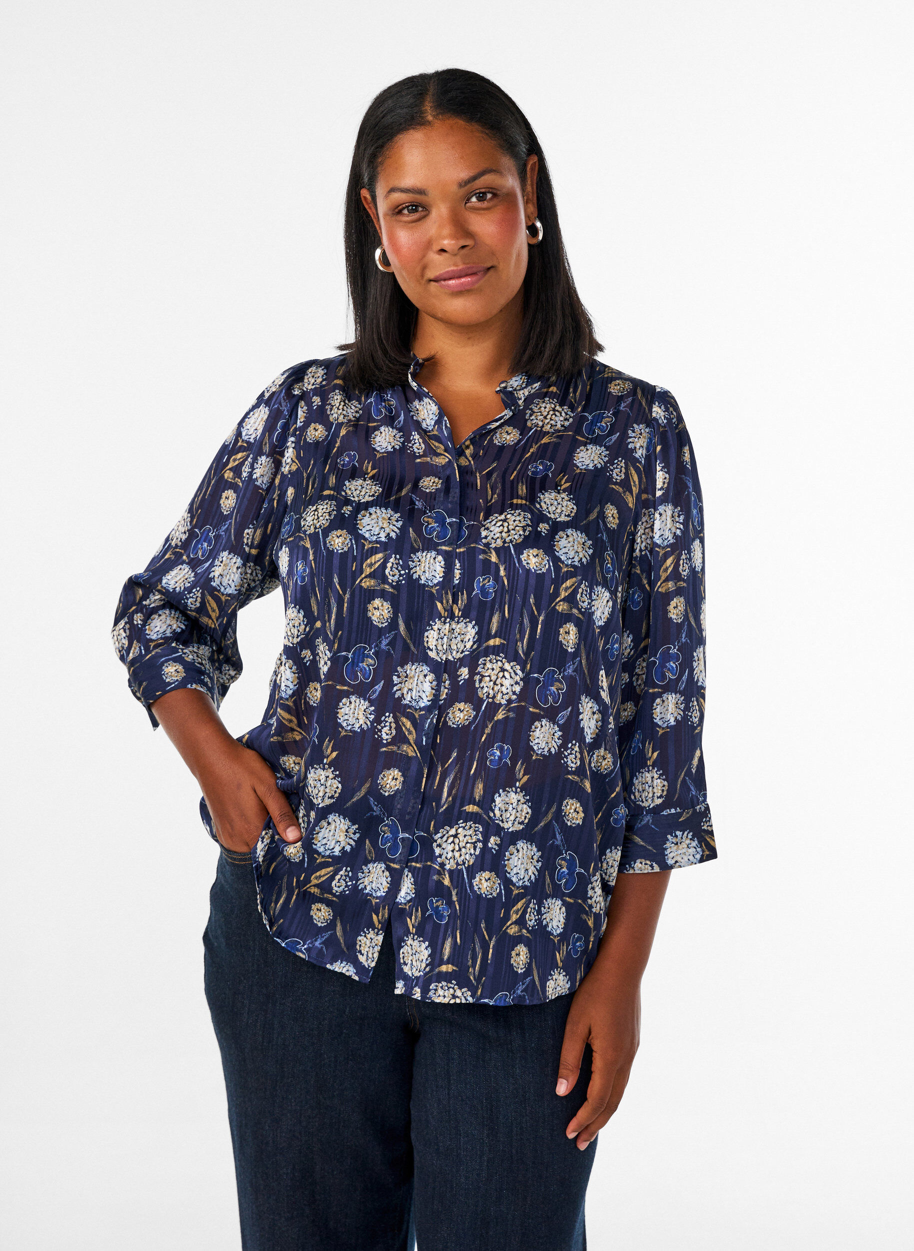 ZizziBlouse met patroon, opstaande kraag en 3/4-mouwen, Blauw, Model image number 0