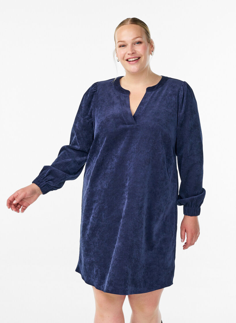 Korte fluwelen jurk met lange mouwen, Blauw, Model image number 0