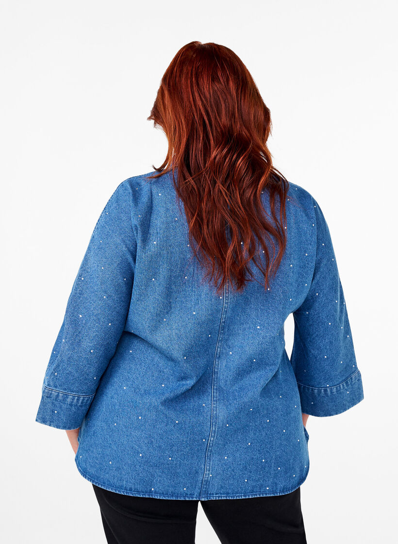 Denim shirt met strassteentjes en driekwartmouwen, Bl. Denim Rhinestone, Model image number 1