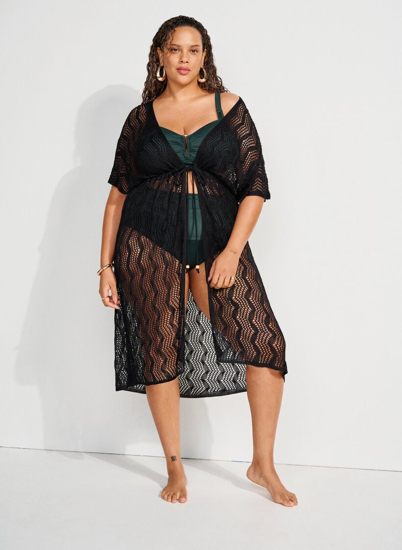 Strand kimono met strikceintuur, Zwart, Image image number 0