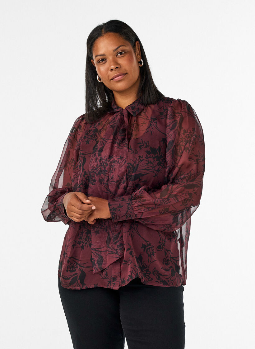 Doorschijnende overhemdblouse met bloemenpatroon en strikdetail, Donker Bordeaux, Model image number 0