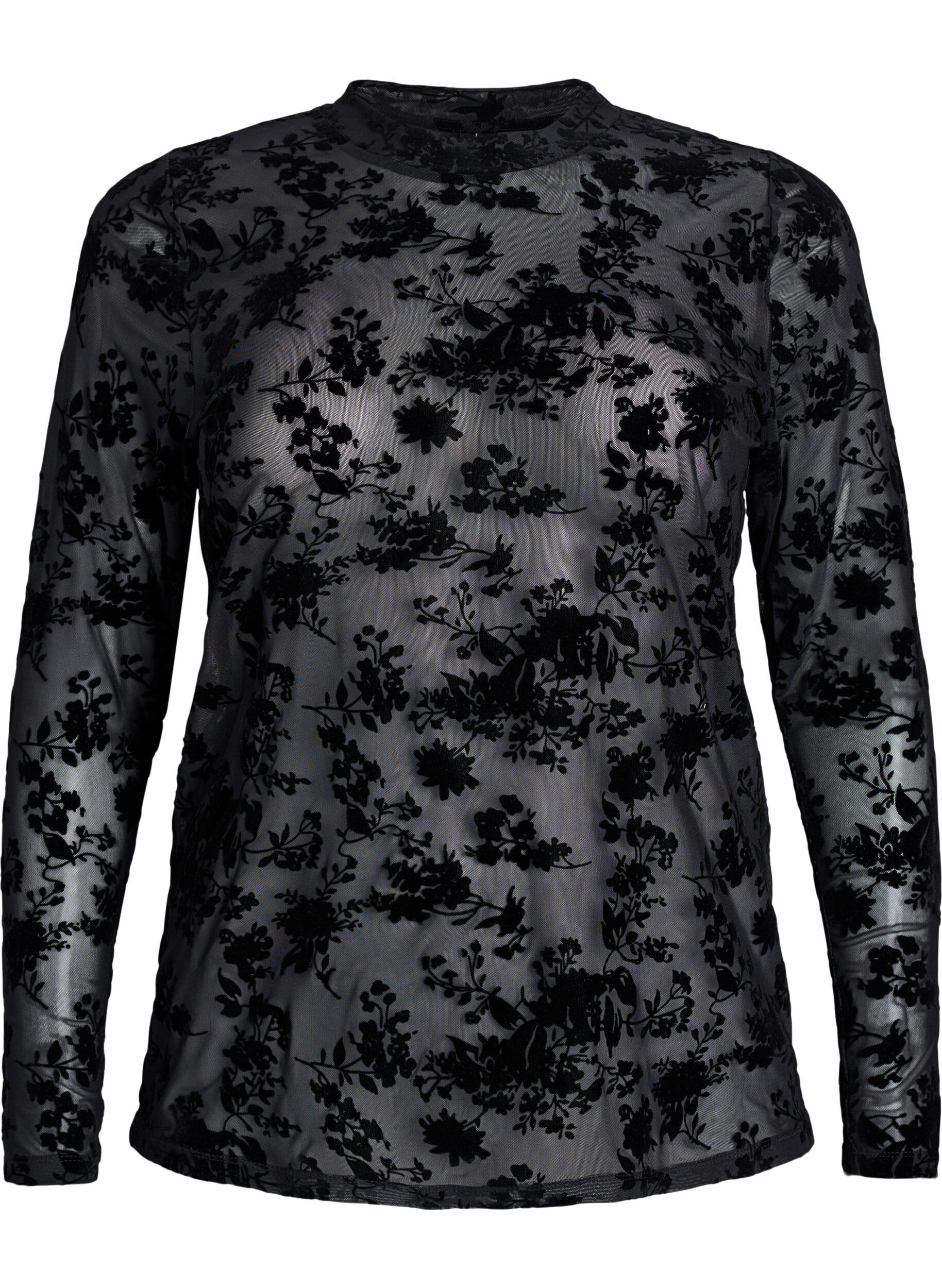 Zizzi Mesh blouse met bloemenpatroon, Zwart, Packshot image number 0