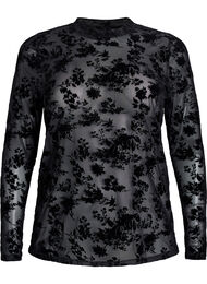 Mesh blouse met bloemenpatroon, Zwart
