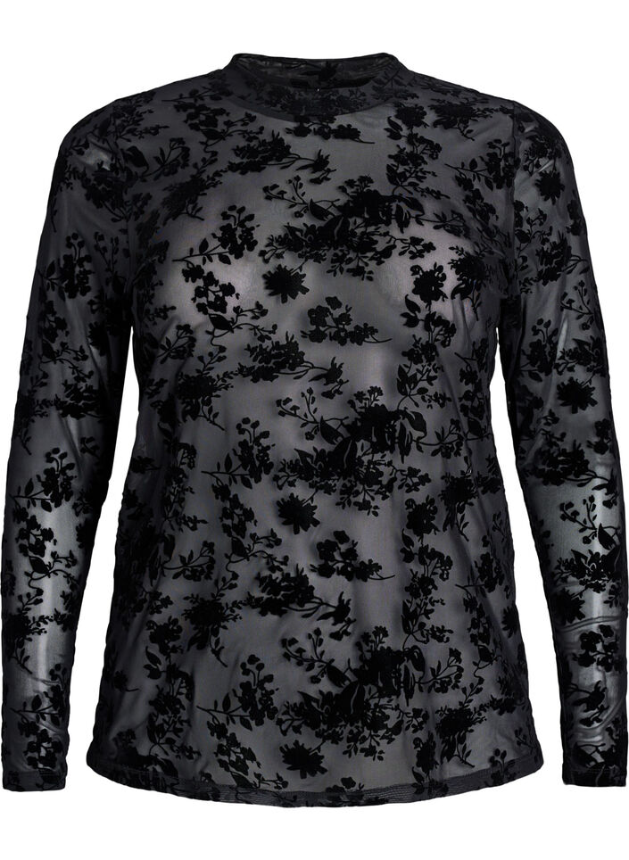 Mesh blouse met bloemenpatroon, Zwart, Packshot image number 0
