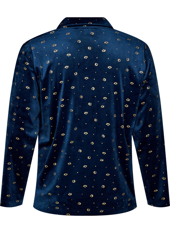 Velour pyjamashirt met een all-over print, Blauw, Packshot image number 1