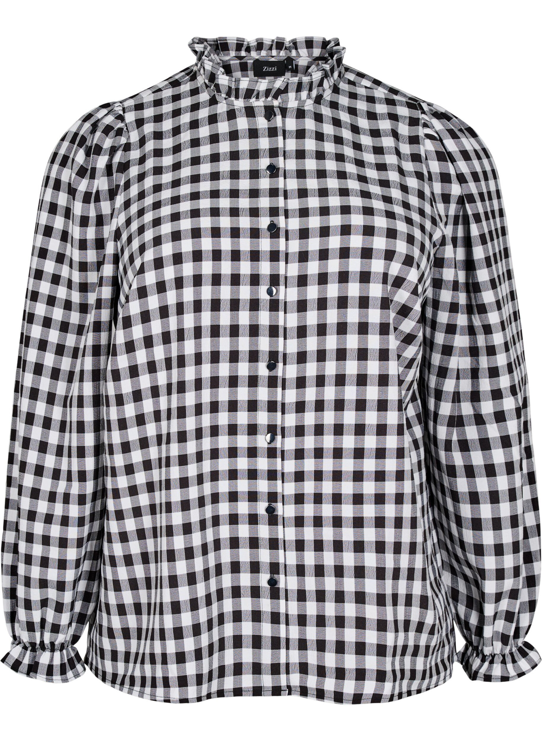 Zizzi Geruite shirt blouse met ruchesdetails, Black/W. Gingham, Packshot image number 0