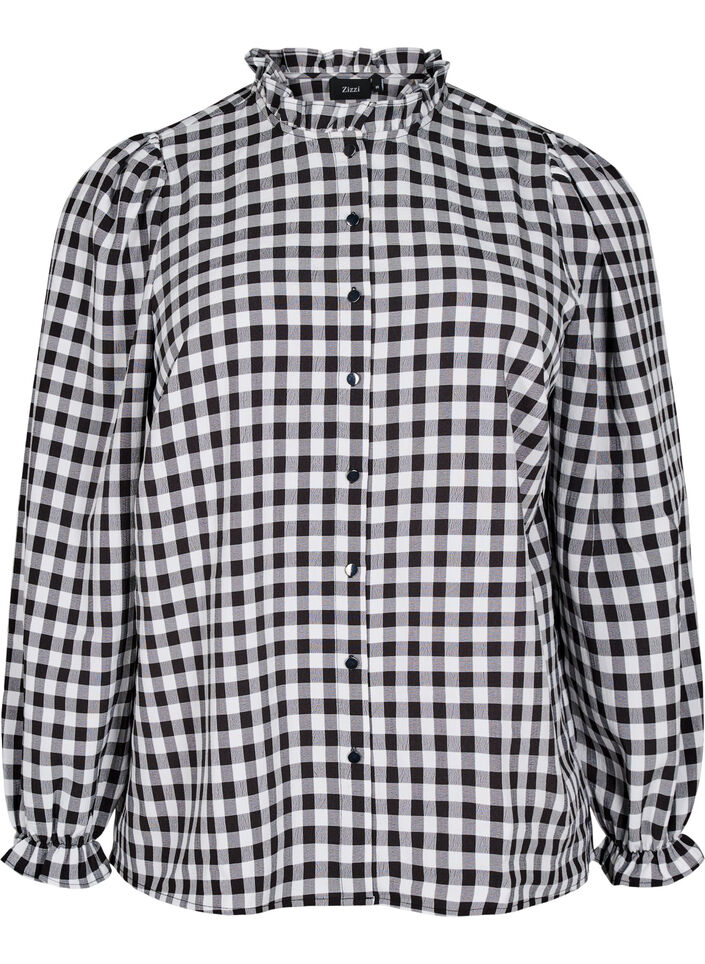 Geruite shirt blouse met ruchesdetails, Black/W. Gingham, Packshot image number 0