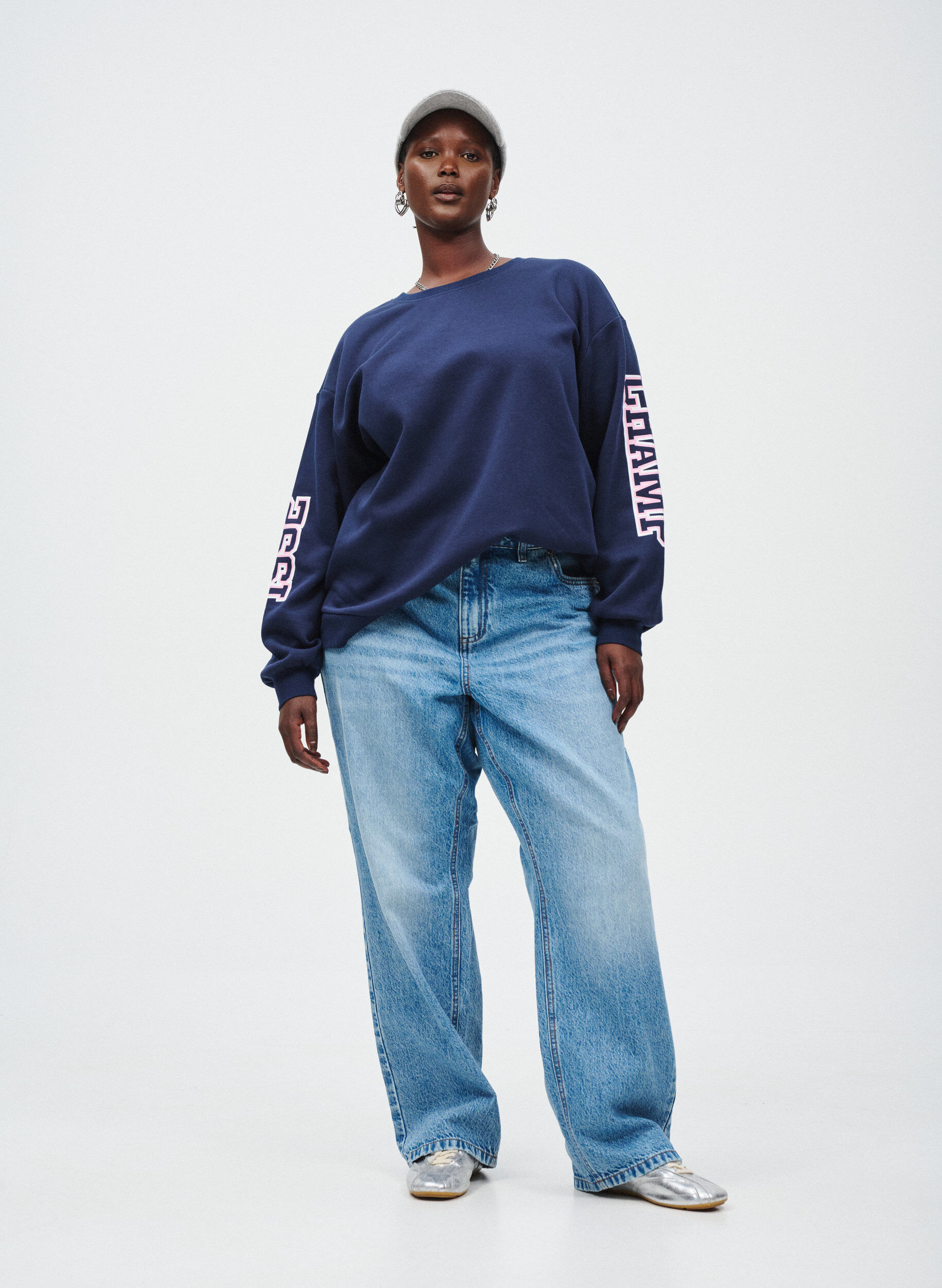 Zizzi Sweatshirt met statementprint op de mouwen en achterkant, Blauw, Image image number 0