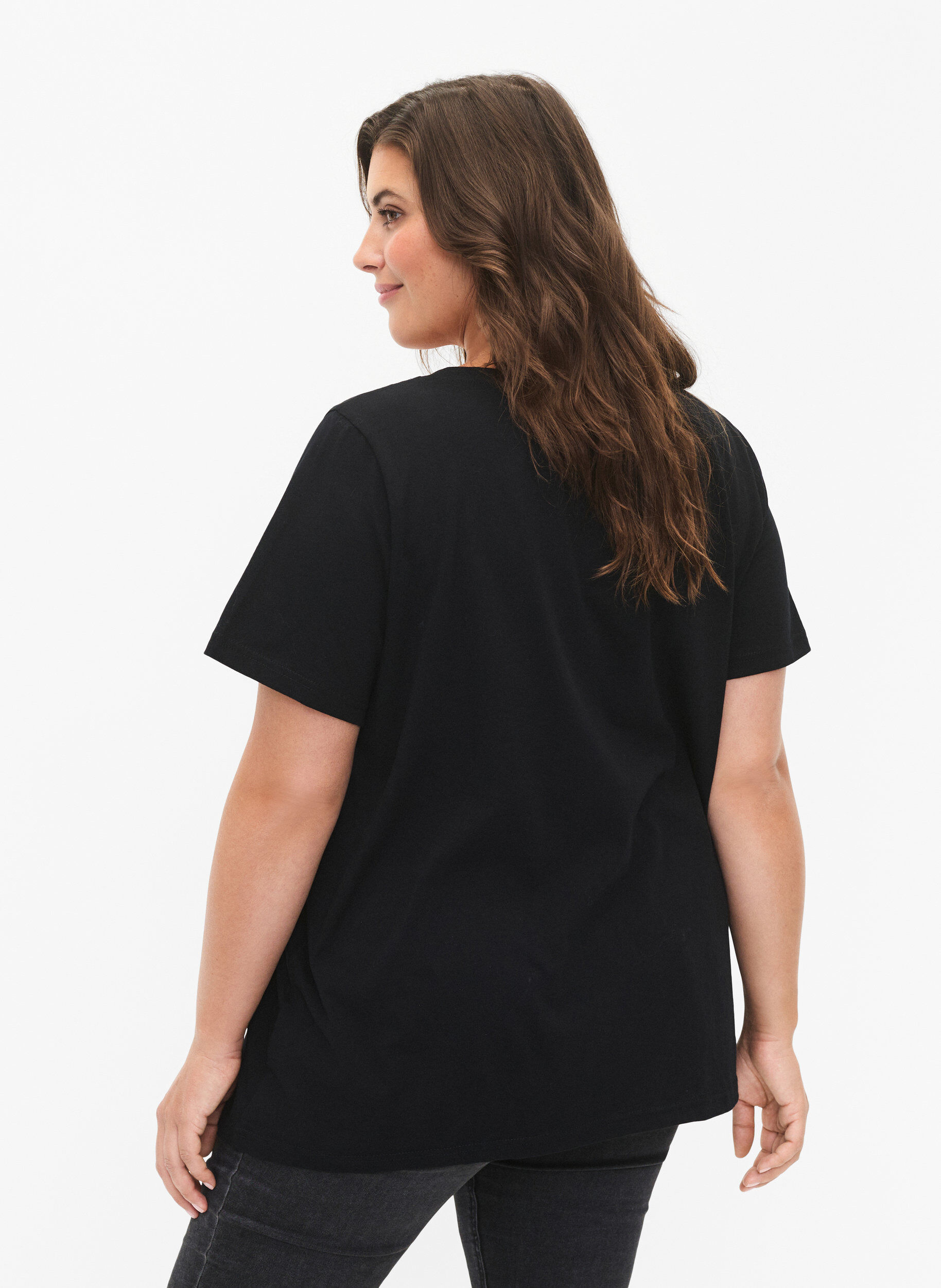 Zizzi Katoenen T-shirt met pailletten, Black W. Star, Model image number 1