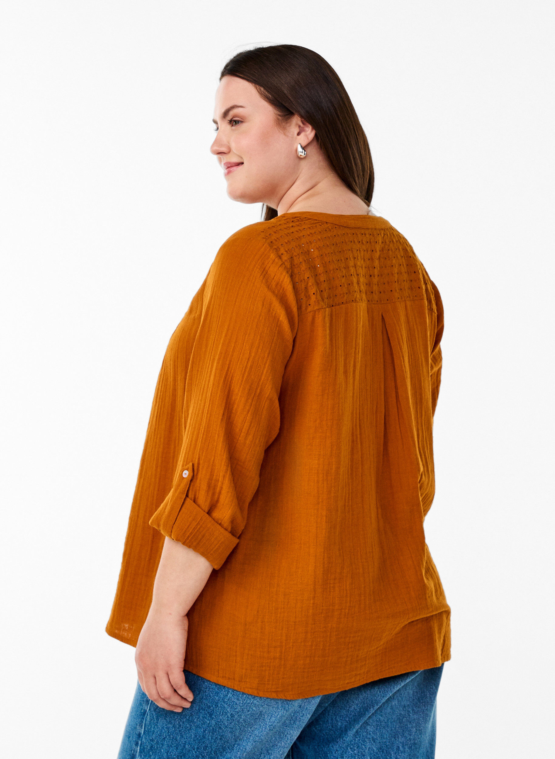 Zizzi Blouse in katoenen mousseline met broderie anglaise, Oranje, Model image number 2