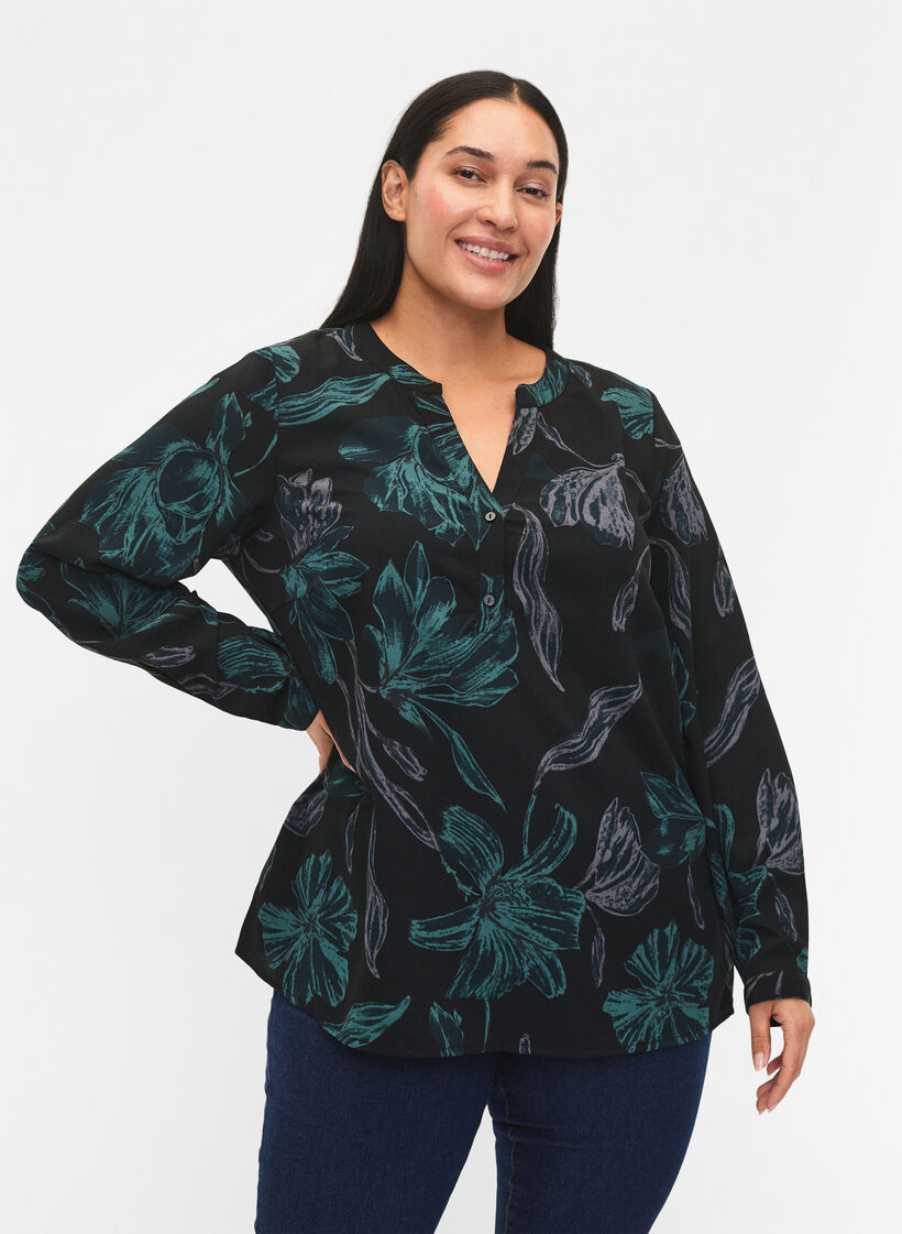 FLASH - Blouse met lange mouwen en print, Black Scarab Flower, Model image number 0