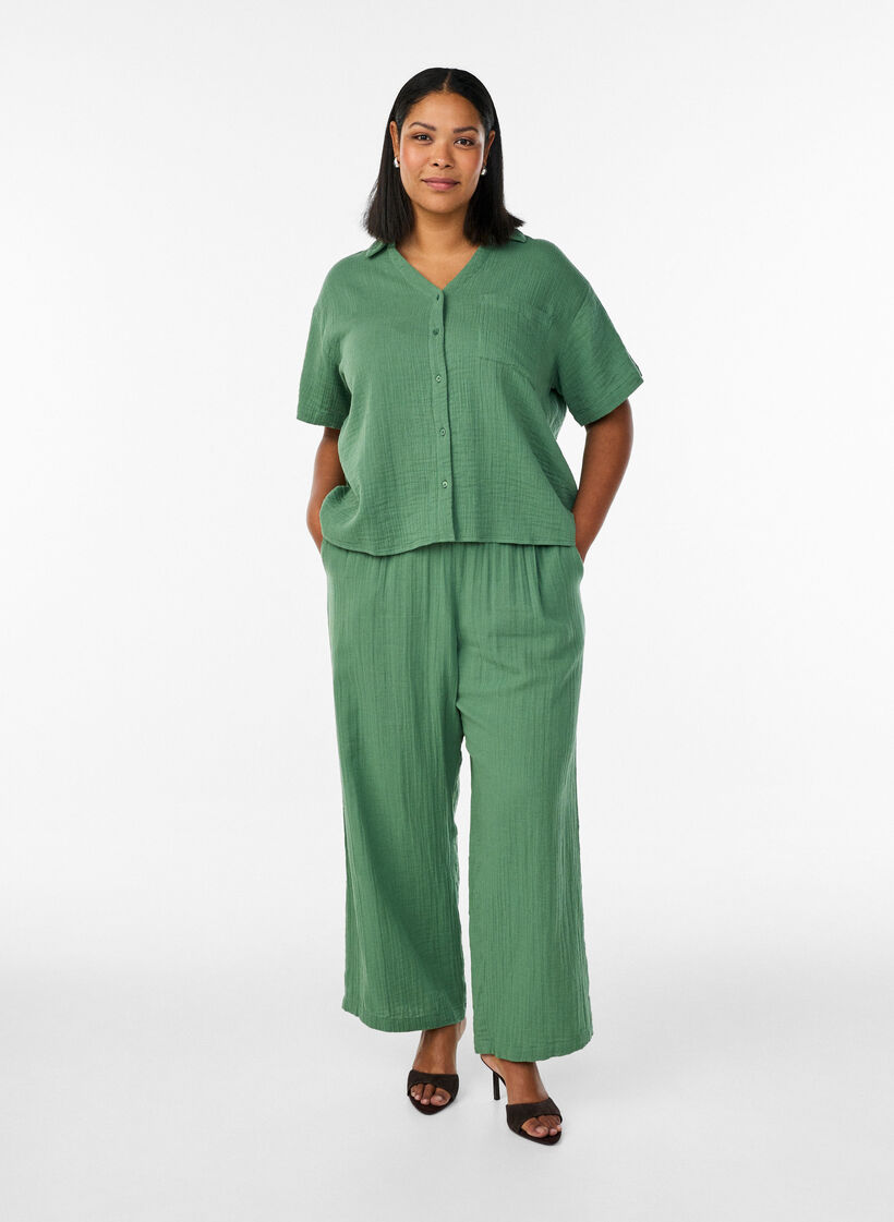Katoenen mousseline blouse met korte mouwen, Groen, Model image number 1