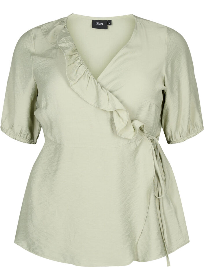 Wikkelblouse van viscose met korte mouw, Seagrass , Packshot image number 0
