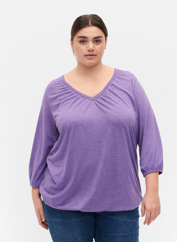 Gemêleerde blouse met v-hals, Deep Lavender Mél, Model image number 0
