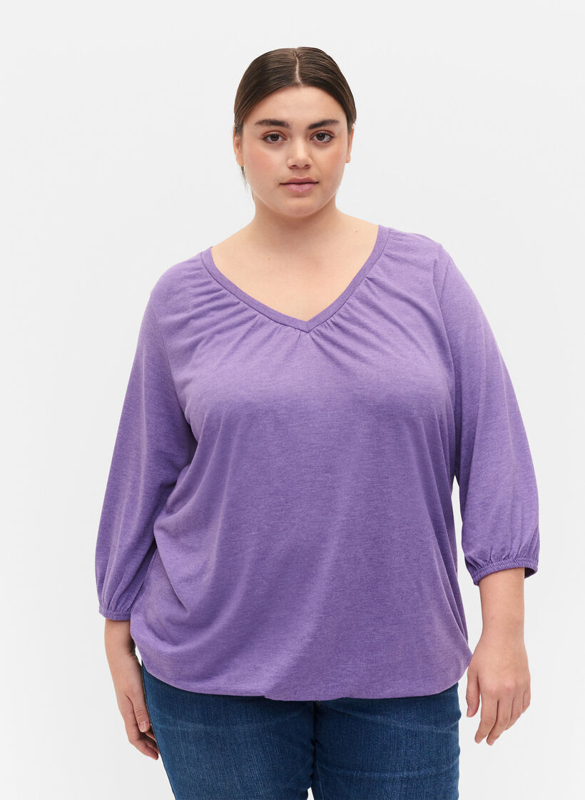 Gemêleerde blouse met v-hals, Deep Lavender Mél, Model