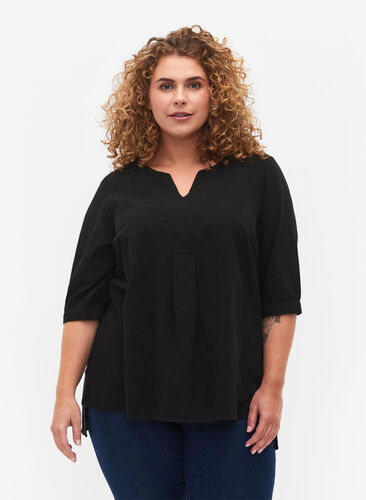 FLASH - Katoenen blouse met halflange mouwen, Black, Model image number 0