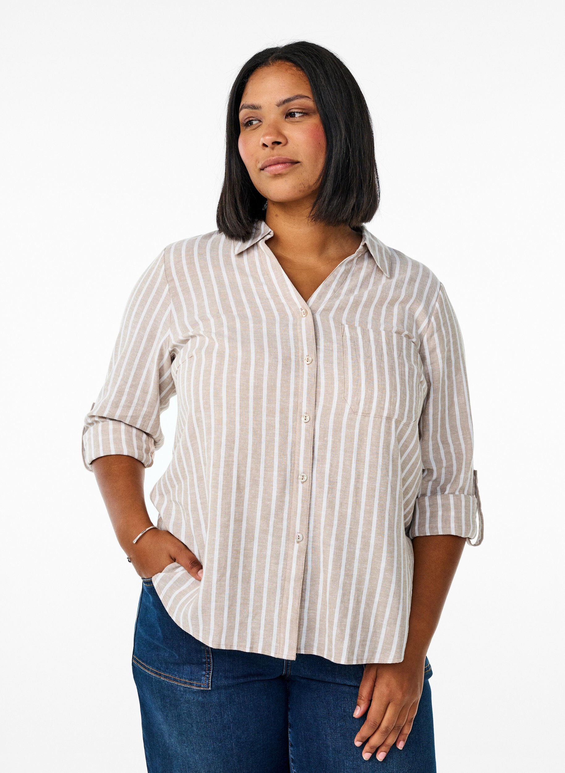 Linnen en viscose shirt met 3/4 mouwen, Beige, Model