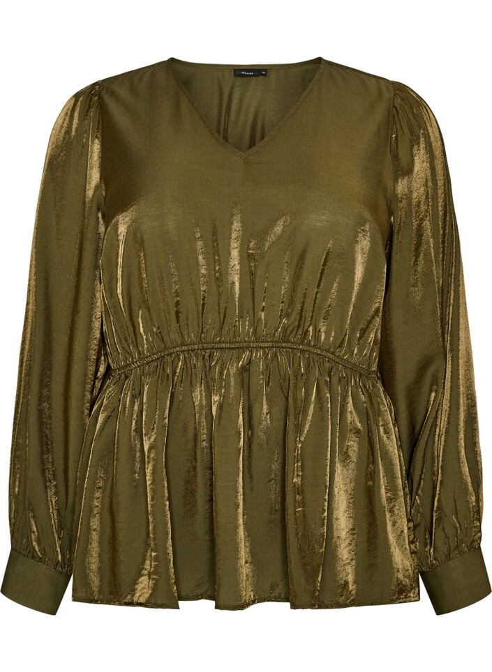 Glanzende viscose blouse met peplumeffect, Groen, Packshot image number 0