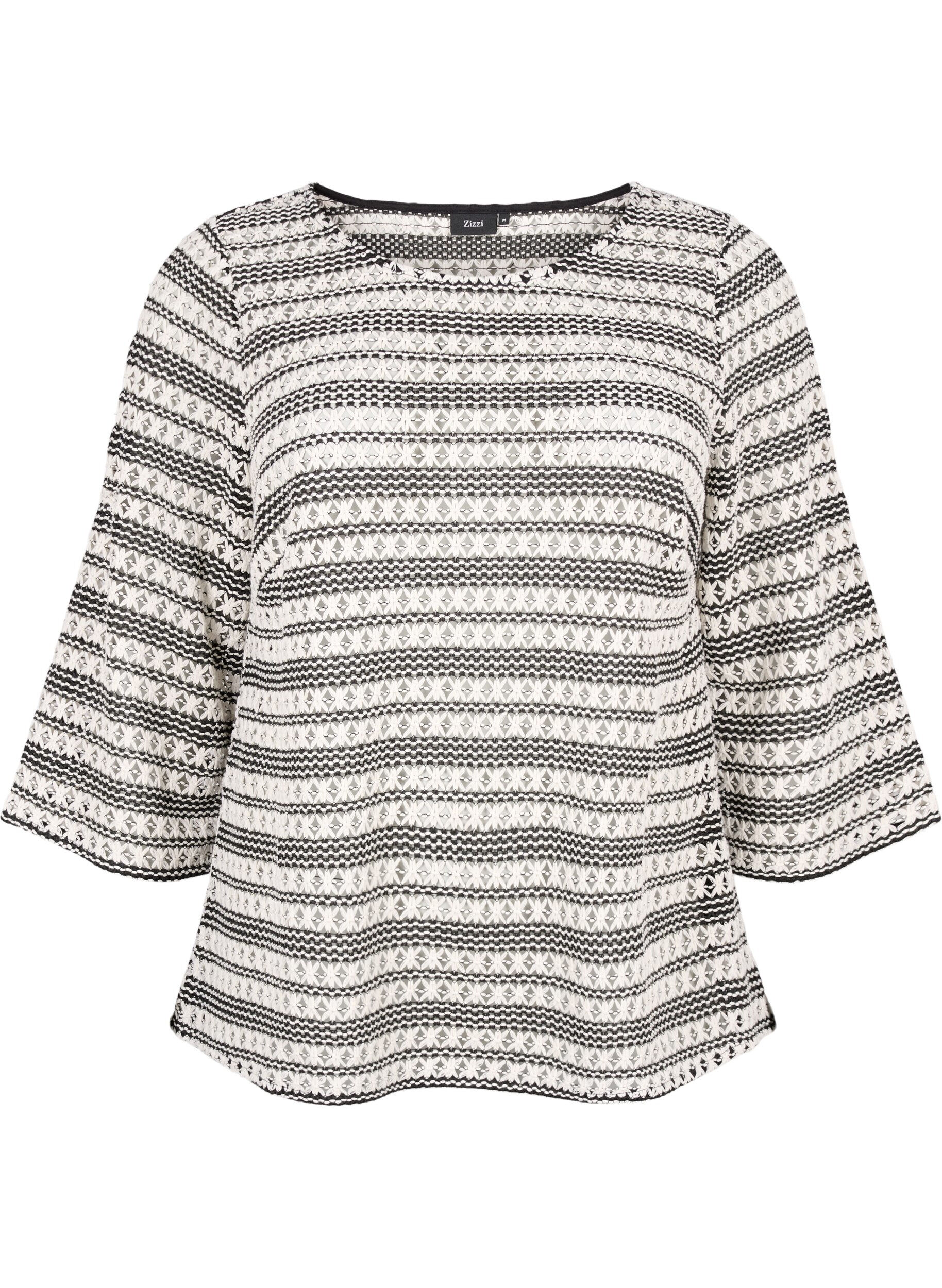 Zizzi Gehaakte blouse met 3/4 mouwen, Black White, Packshot image number 0