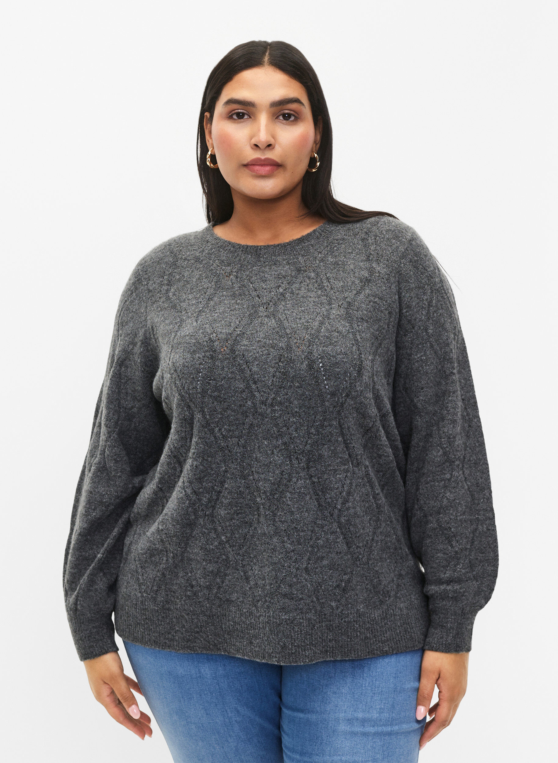 Zizzi Gebreide pullover met gaatjespatroon, Dark Grey Melange, Model image number 0