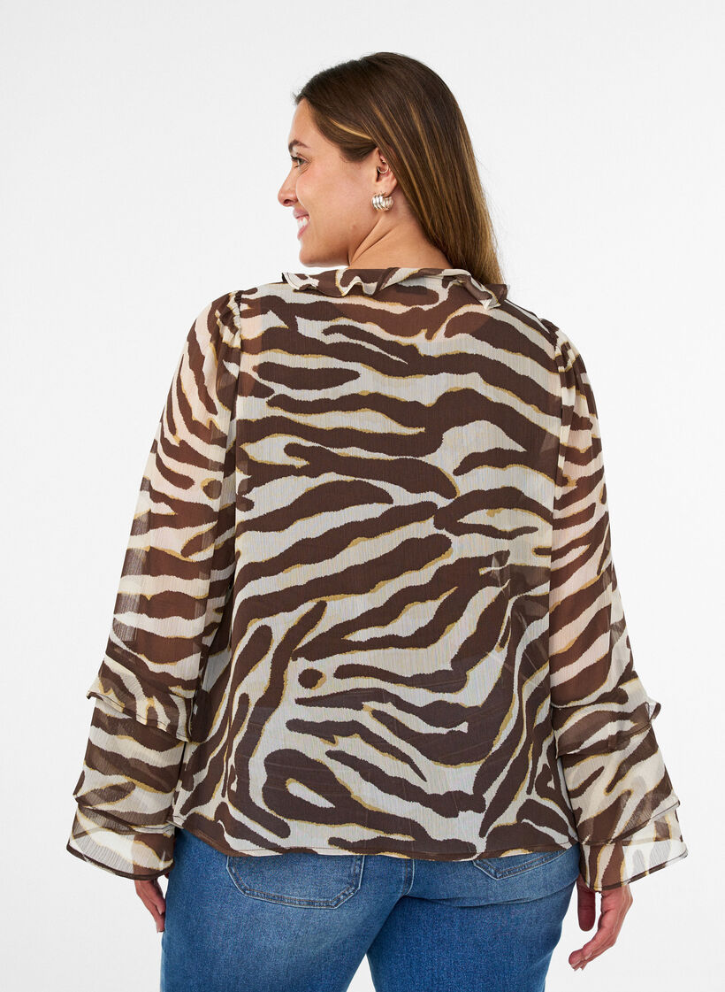 Chiffon blouse met zebraprint en ruches, Bruin, Model image number 2