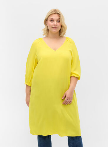 Viscose jurk met v-hals , Blazing Yellow, Model image number 0