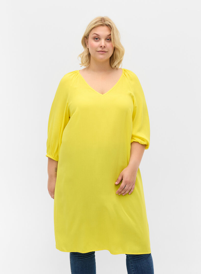Viscose jurk met v-hals , Blazing Yellow, Model