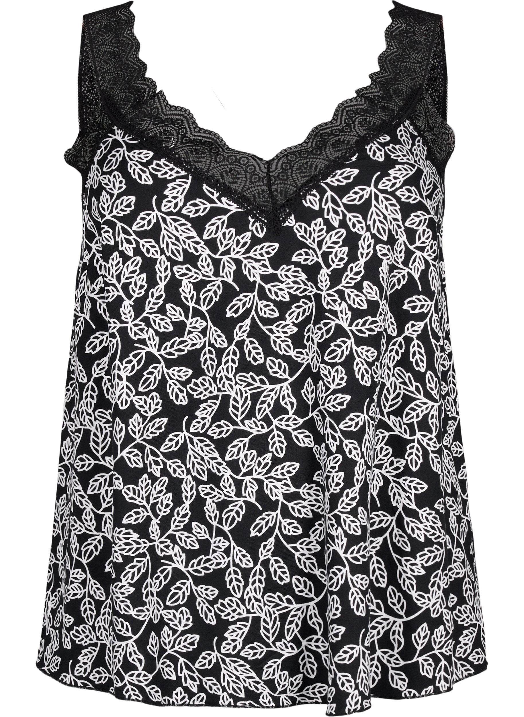 Zizzi Kanten topje van viscose, Black w. Wh.Leaf AOP, Packshot image number 0