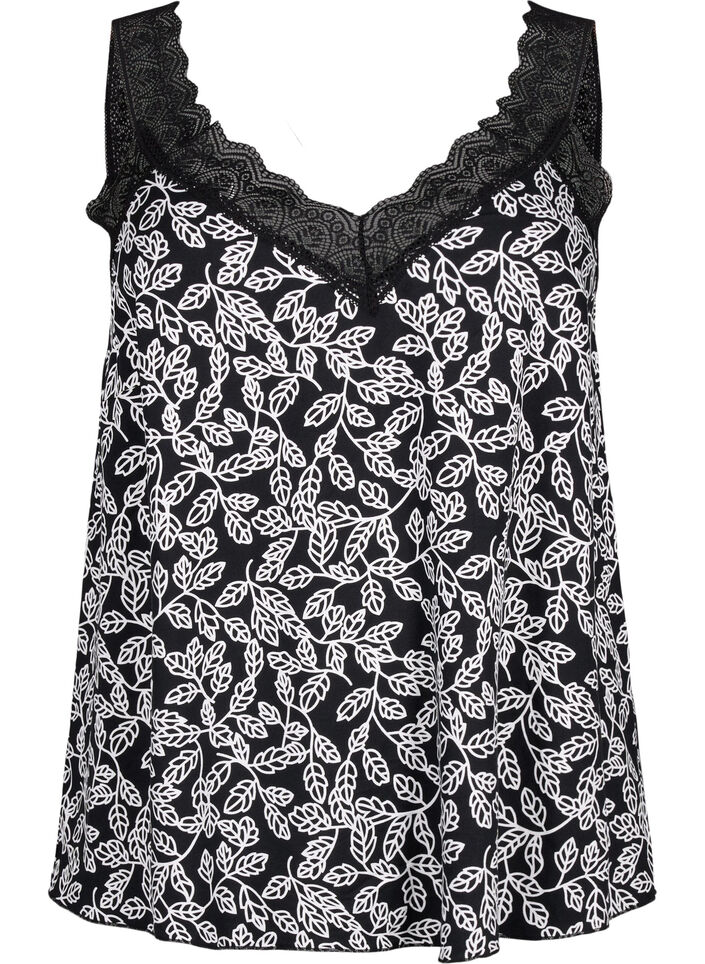 Kanten topje van viscose, Black w. Wh.Leaf AOP, Packshot image number 0