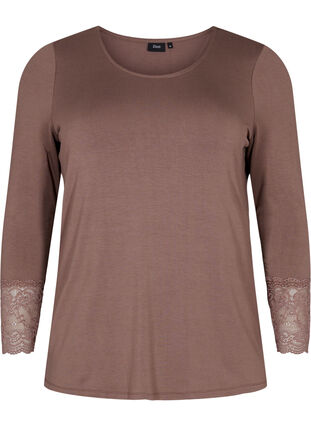 Viscose blouse met lange mouwen en kantdetails, Deep Taupe, Packshot image number 0
