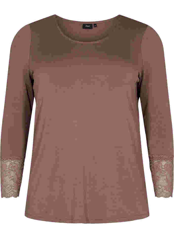 Viscose blouse met lange mouwen en kantdetails, Deep Taupe, Packshot image number 0
