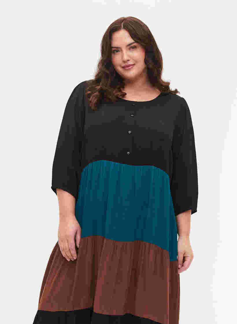 Viscose jurk met colorblock, Brown Green Block, Model image number 2