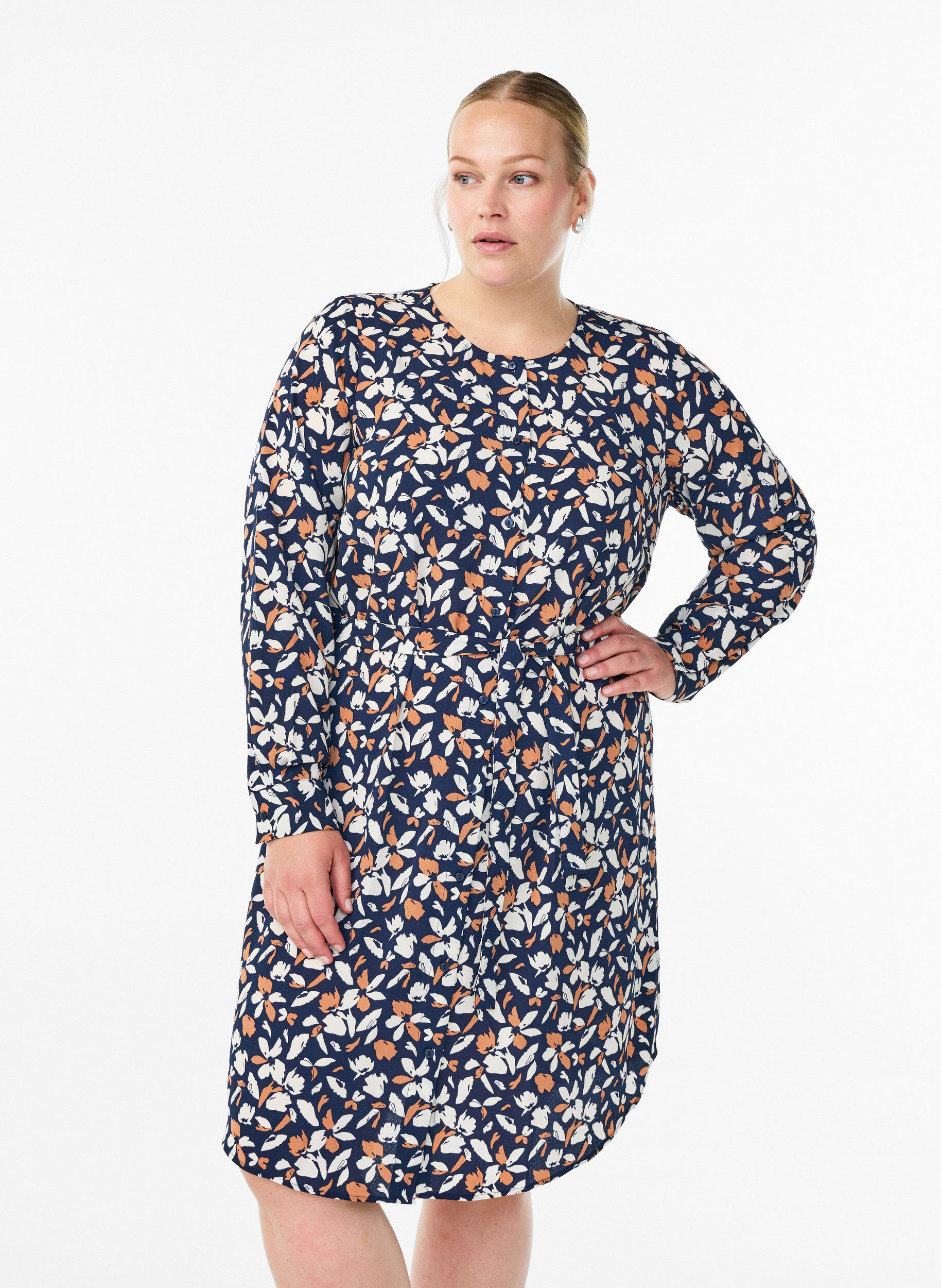 Lang&auml;rmelige overhemdjurk met strikceintuur, Blauw, Model