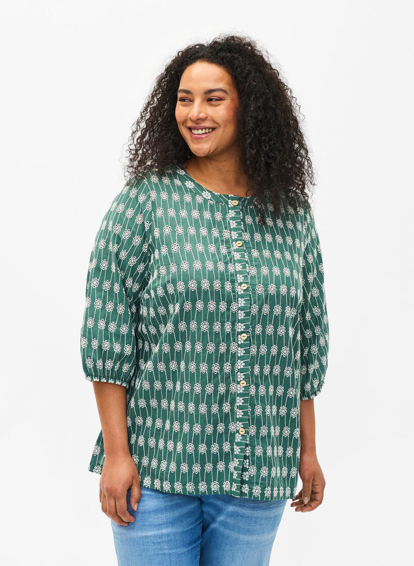 Katoenen overhemdblouse met bloemenpatroon, Dark Forest, Model image number 0