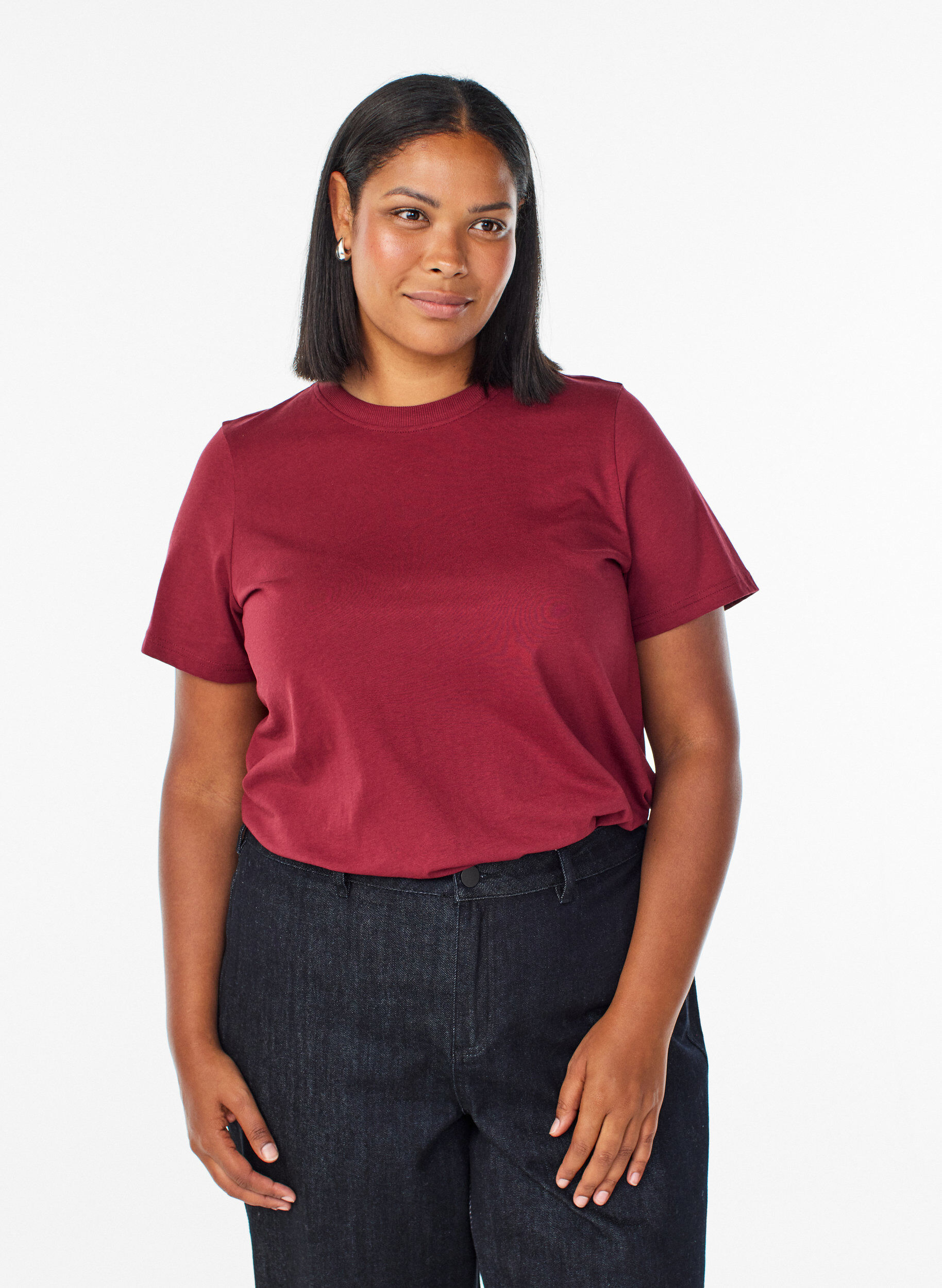 Zizzi Basic katoenen T-shirt met ronde hals, Donker Bordeaux, Model image number 0