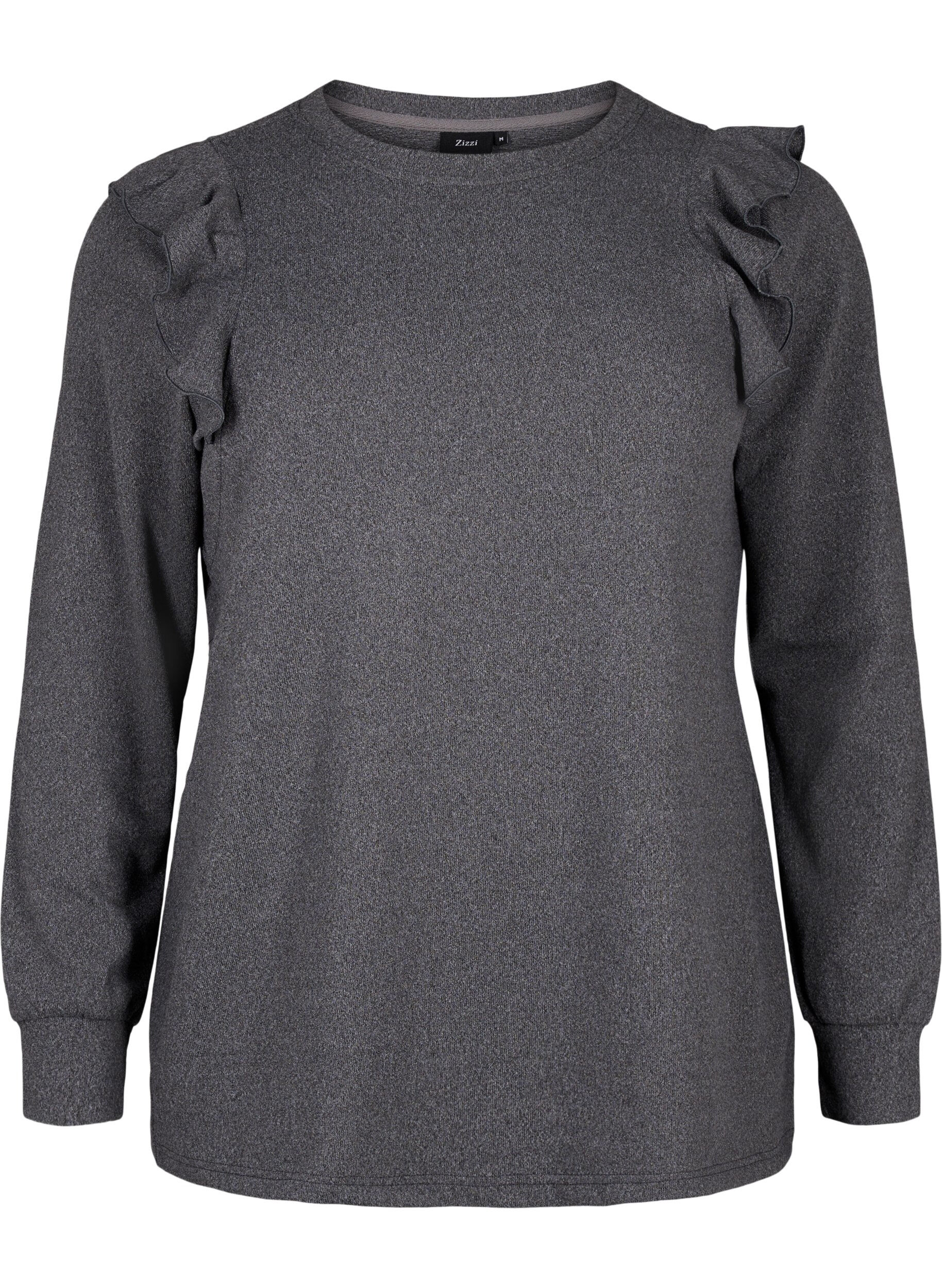 Zizzi  Blouse met lange mouwen en ruches, Dark Grey Melange, Packshot image number 0