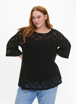 Crochet Blouse met 3/4 mouw, Black, Model image number 0