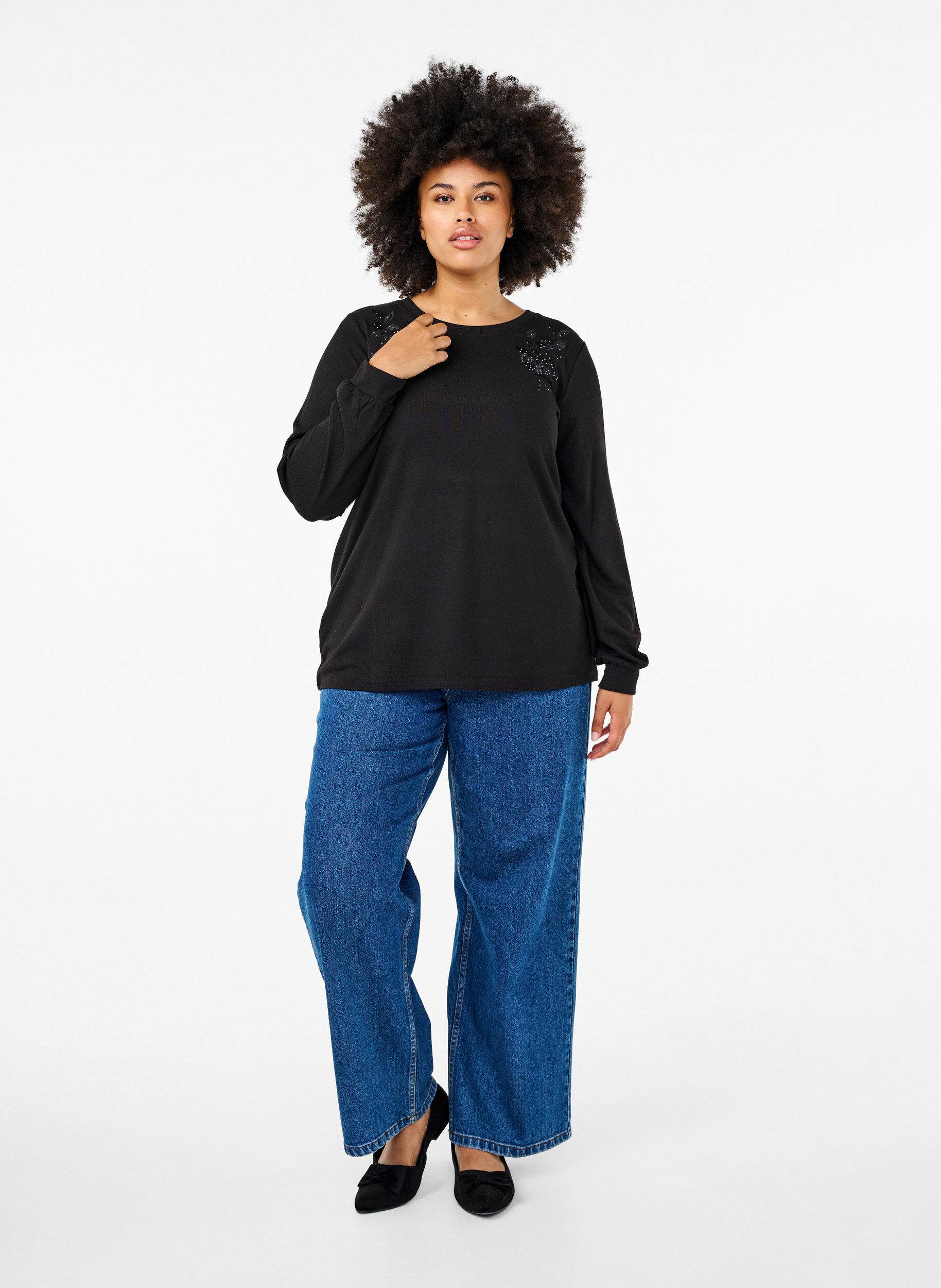 Zizzi Blouse met borduursels en strass steentjes, Black, Model image number 2