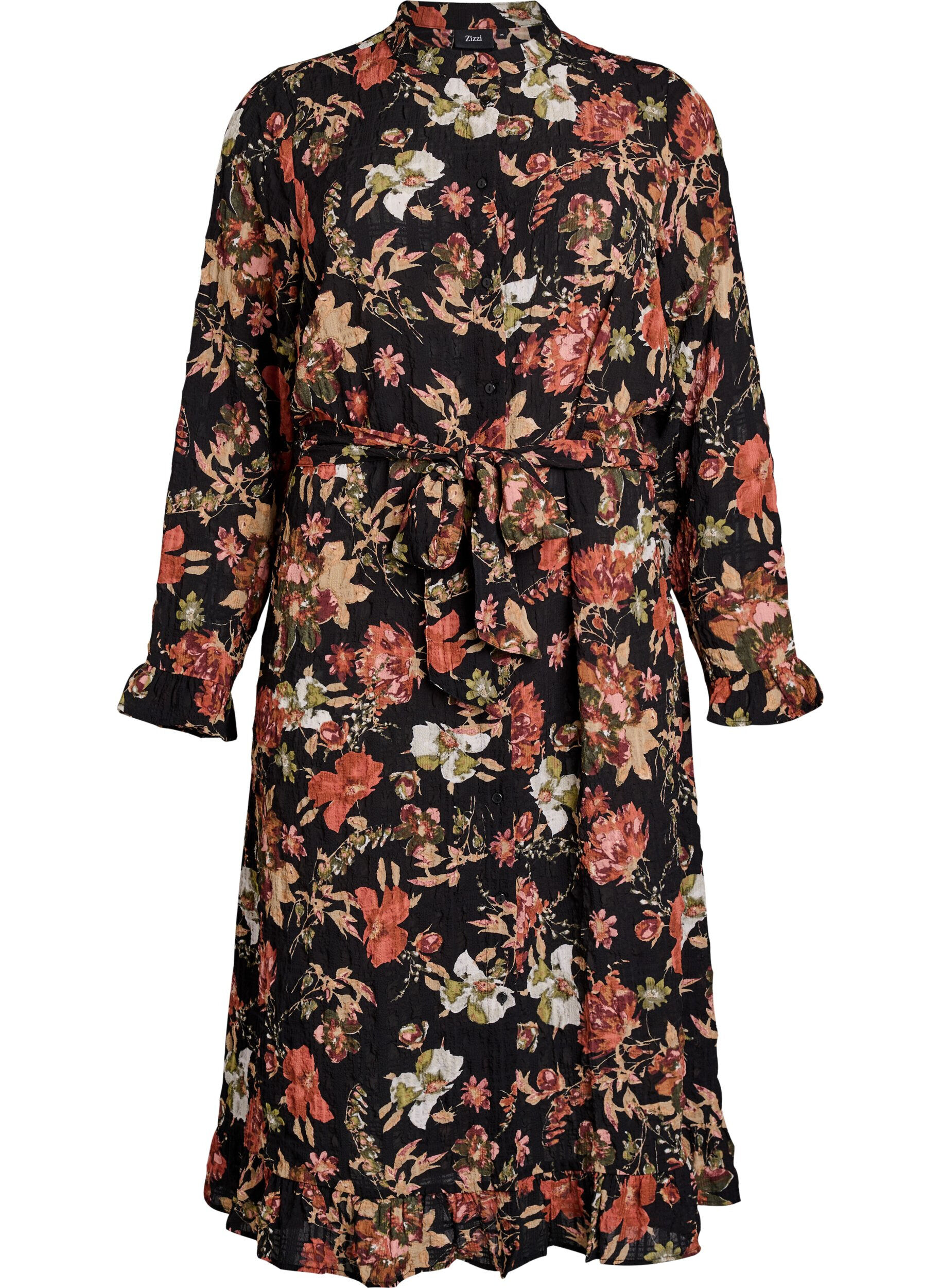 ZizziMidi-jurk met bloemenprint en afneembare strikceintuur, Zwart, Packshot image number 0