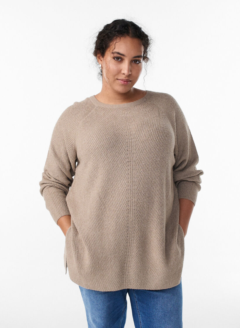 Gebreide trui met diagonale structuur en raglanmouwen, Beige, Model image number 0