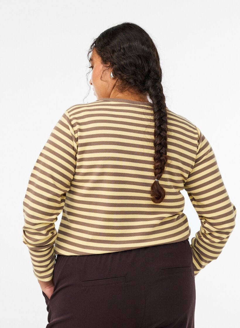 Gestreepte blouse met lange mouwen, Bruin, Model