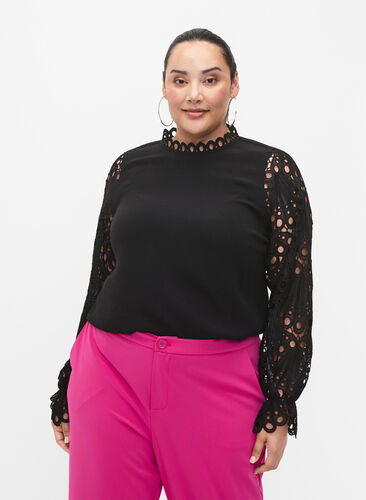 Viscose blouse met crochet mouwen, Black, Model image number 0