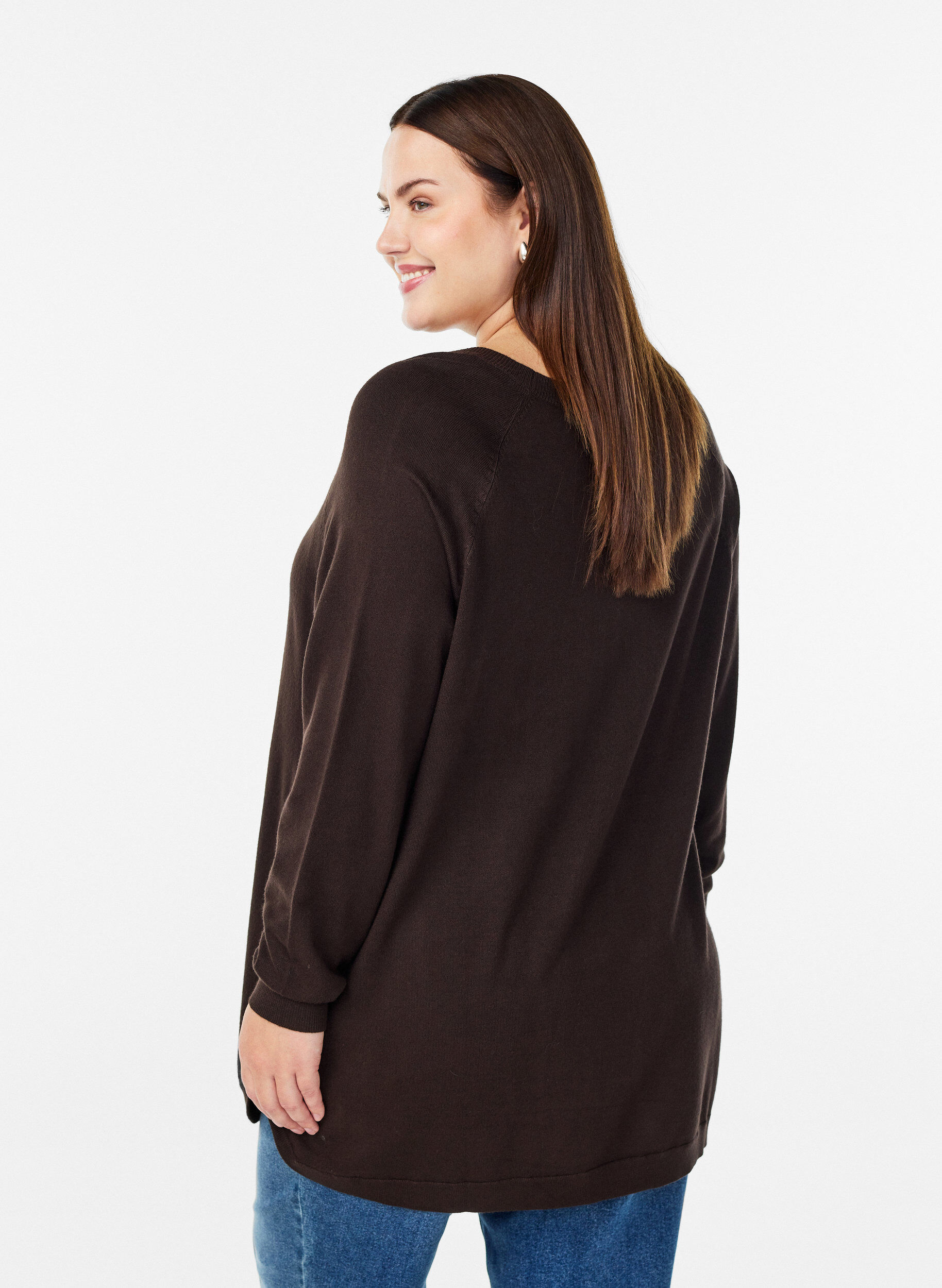 Zizzi Gebreide blouse met knoopsluiting aan de zijkant, Bruin, Model image number 2