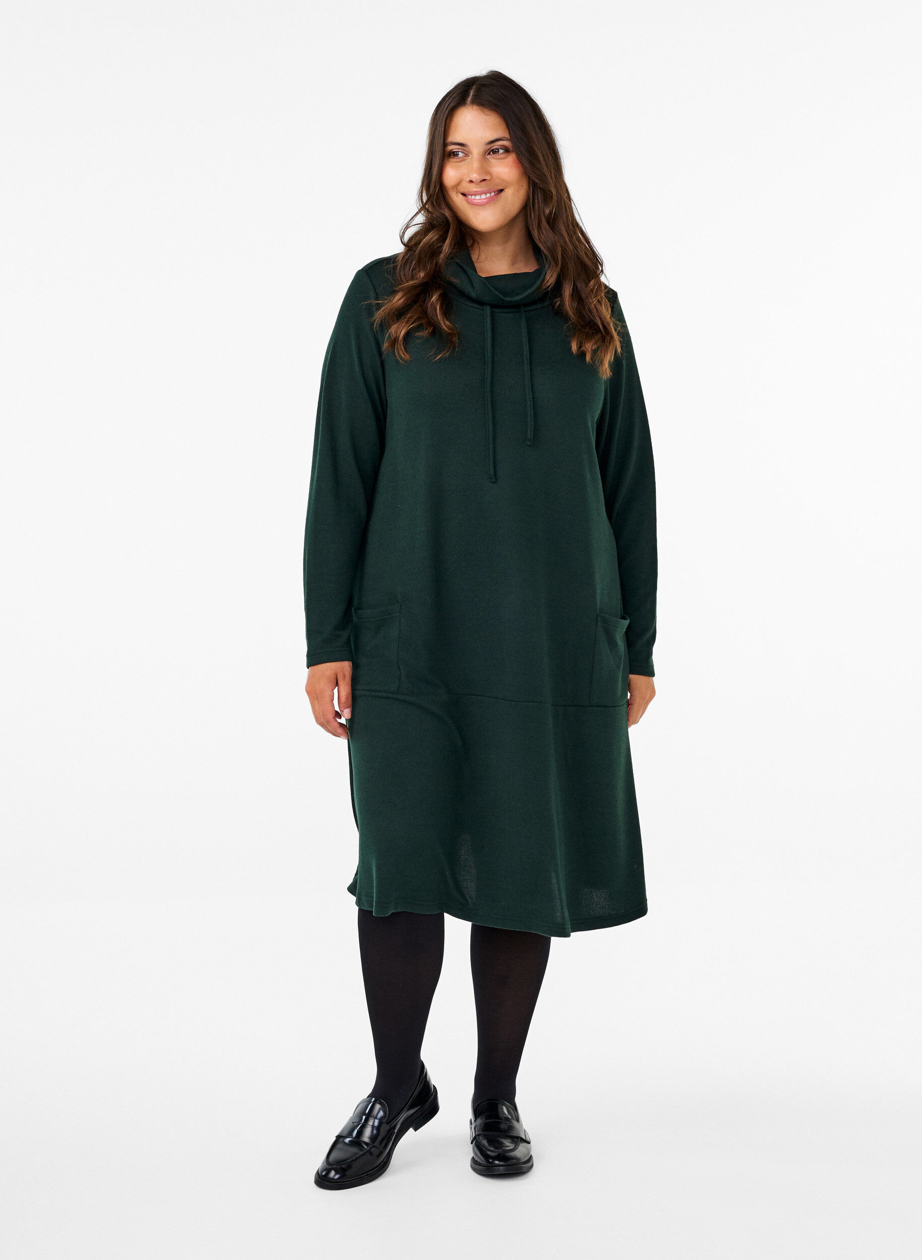 Zizzi Jersey-jurk met hoge hals en zakken, Groen, Model image number 1