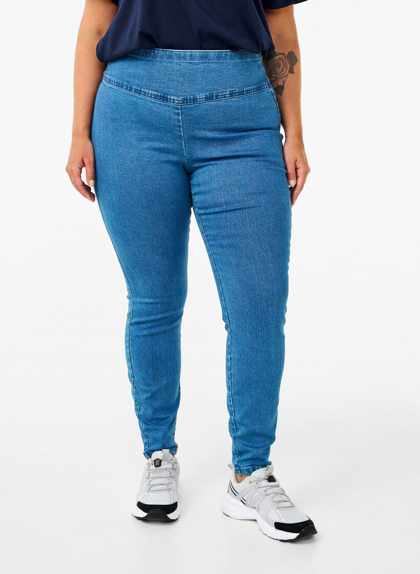 Stretchy jeggings met hoge taille, Light Blue, Model image number 2