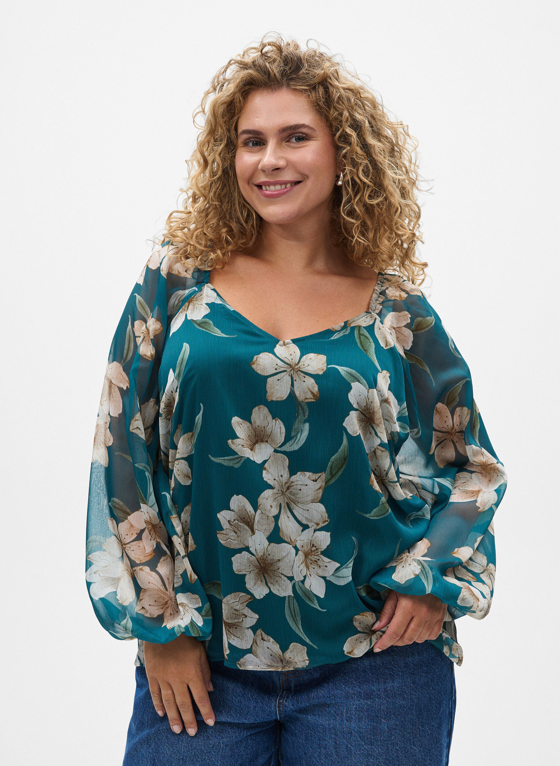 Zizzi Chiffon blouse met bloemenprint en lange mouwen, Groen, Model image number 0