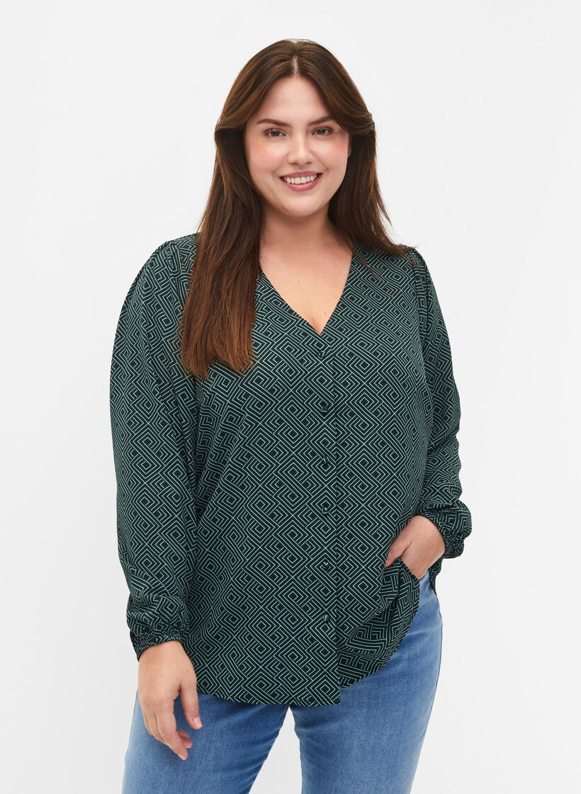 Shirtblouse met V-hals en print, Scarab Graphic AOP, Model image number 0