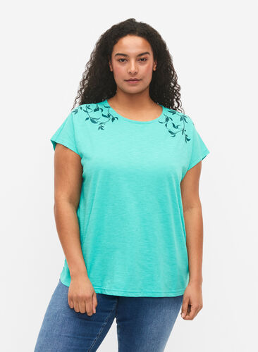 Katoenen t-shirt met bladprint, Turquoise C Leaf, Model image number 0
