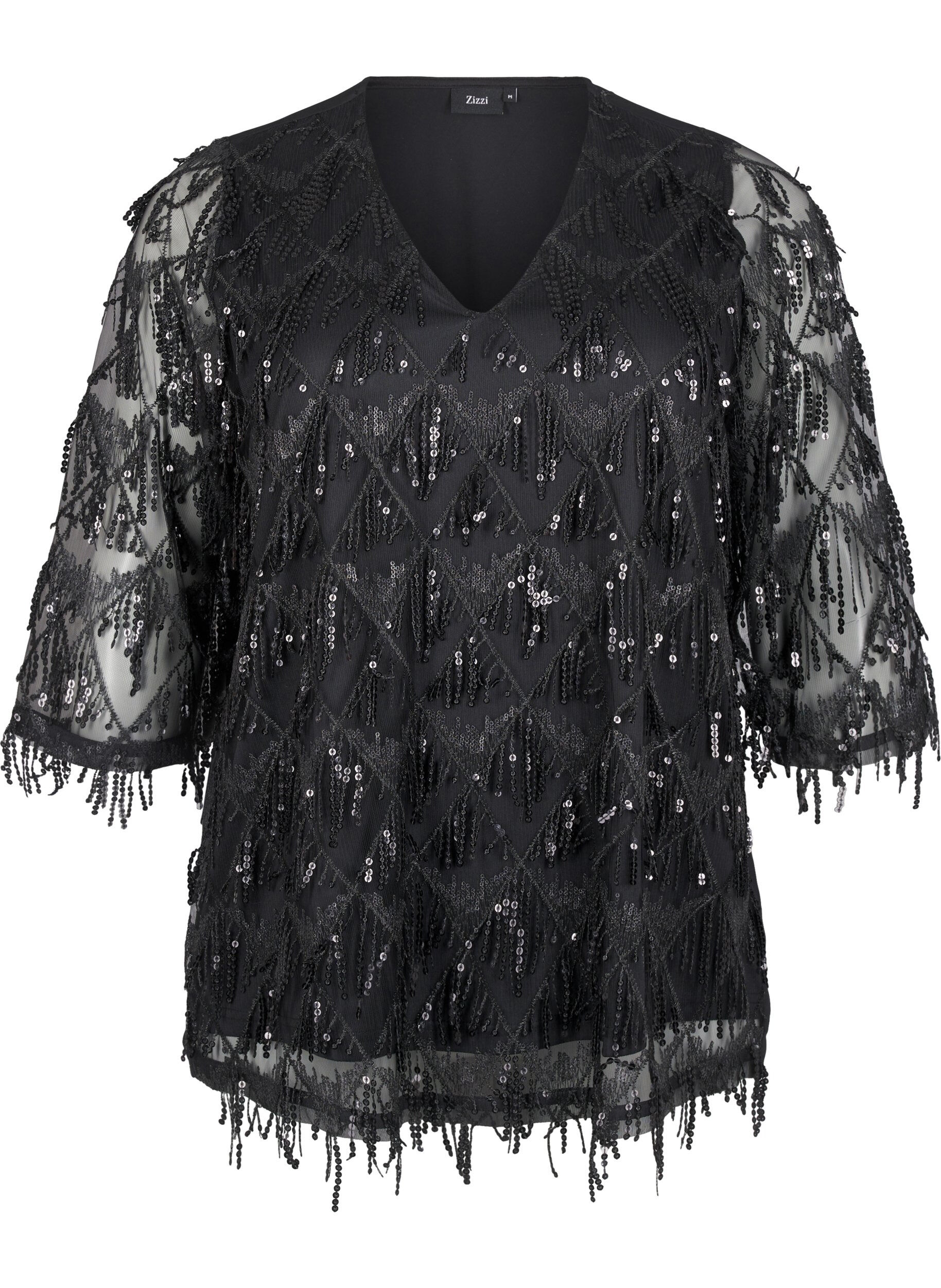Zizzi Party blouse met pailletten franjes en 3/4 mouwen, Black, Packshot image number 0