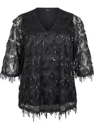 Party blouse met pailletten franjes en 3/4 mouwen, Black